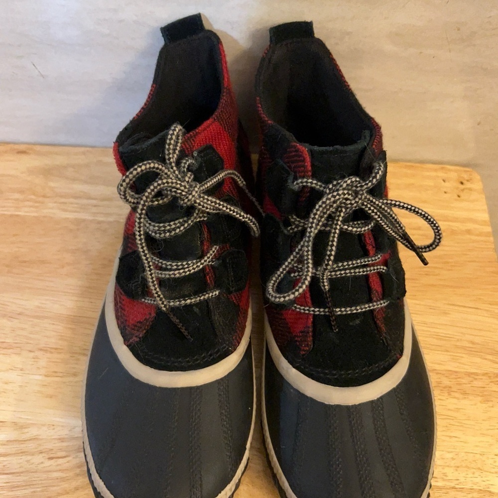 Sorel Out 'N About Plus duck boots in a red and black buffalo plaid pattern. - Picture 2 of 10
